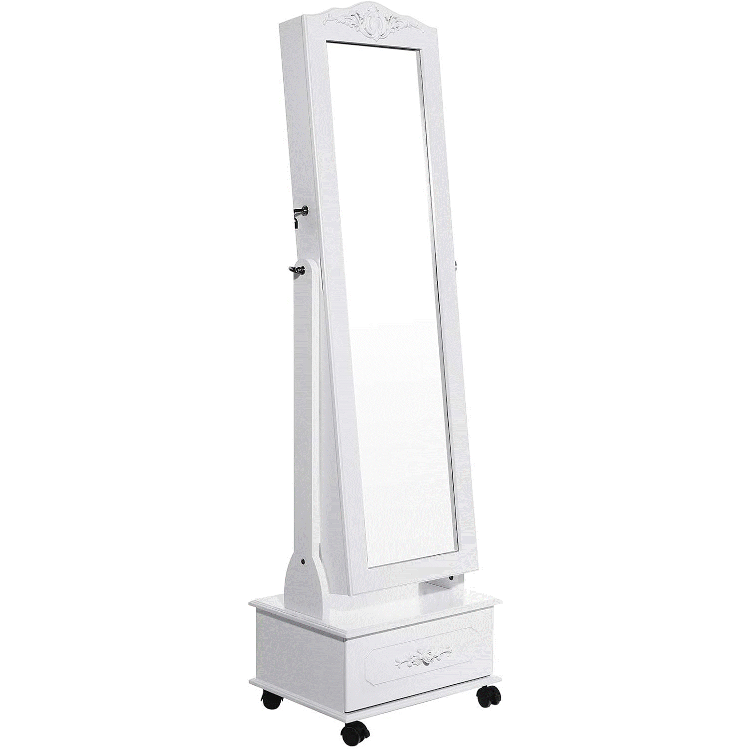 SONGMICS Oglinda de podea cu dulap depozitare bijuterii, iluminare LED si roti, cu cheie, 35x45x156 cm, alb - imagine 2