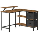 VASAGLE Birou de colt in forma L, cu 2 sertare si suport monitor, montare pe ambele parti, stil industrial, 115x105 cm, maro rustic