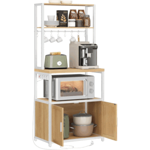 VASAGLE Raft bucatarie cu 4 prize, blat de lucru 90 cm, raft microunde, dulap si carlige, 40x60x170 cm, alb si stejar