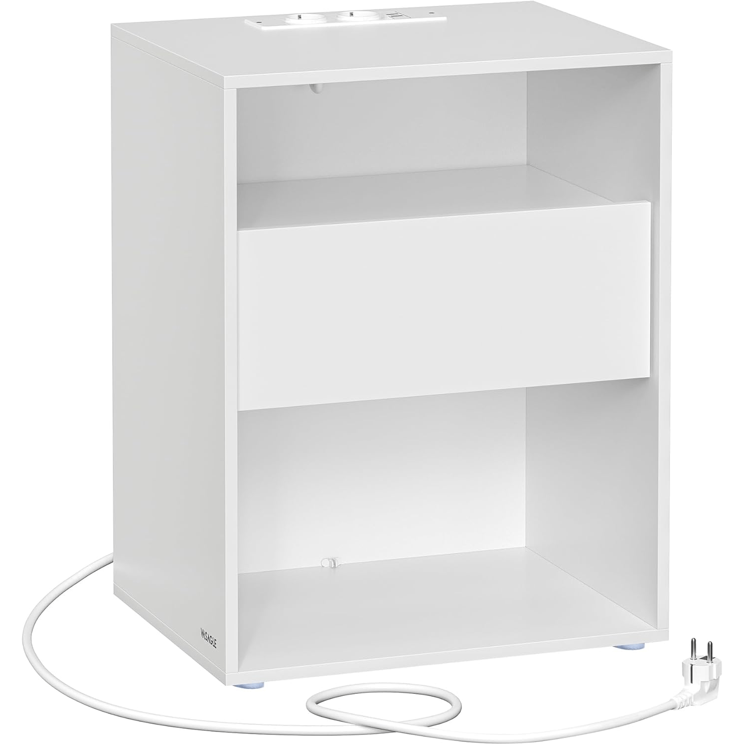 VASAGLE Noptiera cu sertar si statie de incarcare, 2 prize, 2 porturi USB, 45x35x58 cm, alb