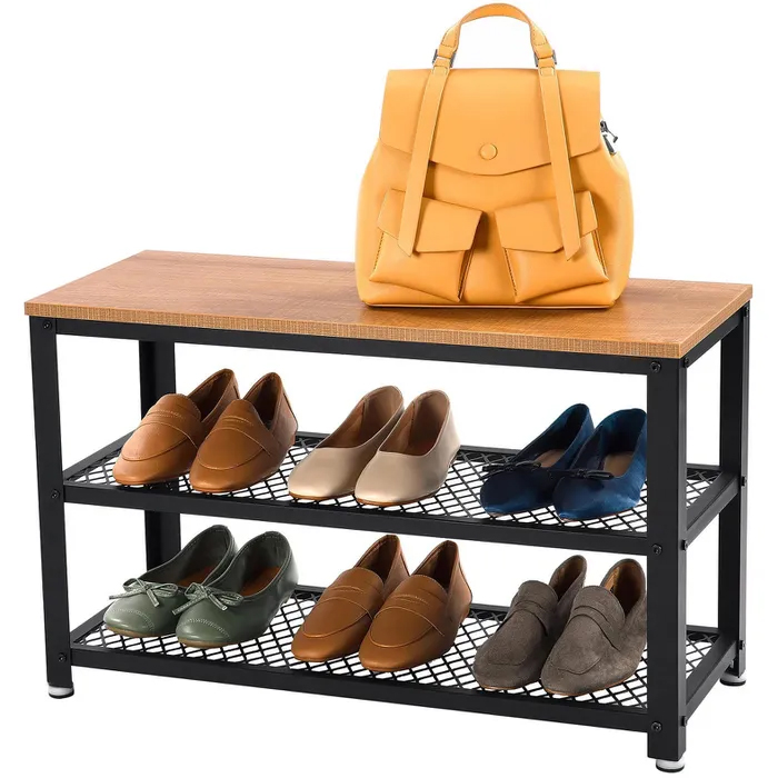 VASAGLE Banca pantofi cu 2 rafturi, cadru metalic si sezut din PAL, stil industrial, 73x30x45 cm, stejar si negru - imagine 3
