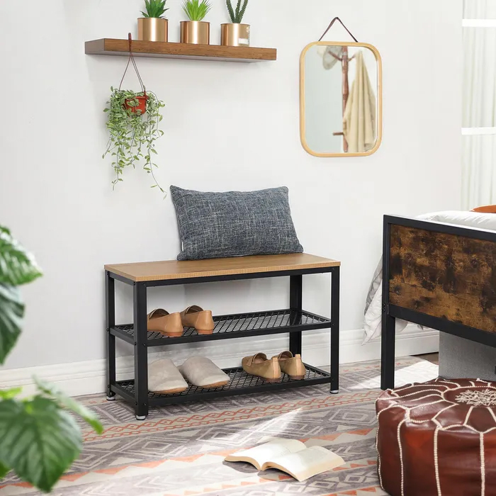 VASAGLE Banca pantofi cu 2 rafturi, cadru metalic si sezut din PAL, stil industrial, 73x30x45 cm, stejar si negru - imagine 6