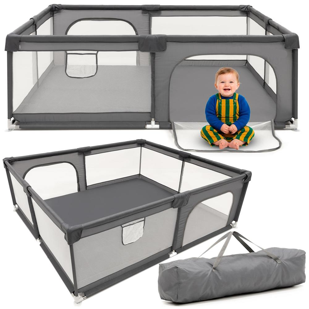 Tarc de joaca pliabil pentru copii, cu intrare cu fermoar, 200x180x66 cm, gri - imagine 2