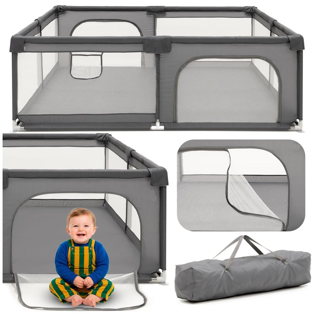 Tarc de joaca pliabil pentru copii, cu intrare cu fermoar, 200x180x66 cm, gri - imagine 3