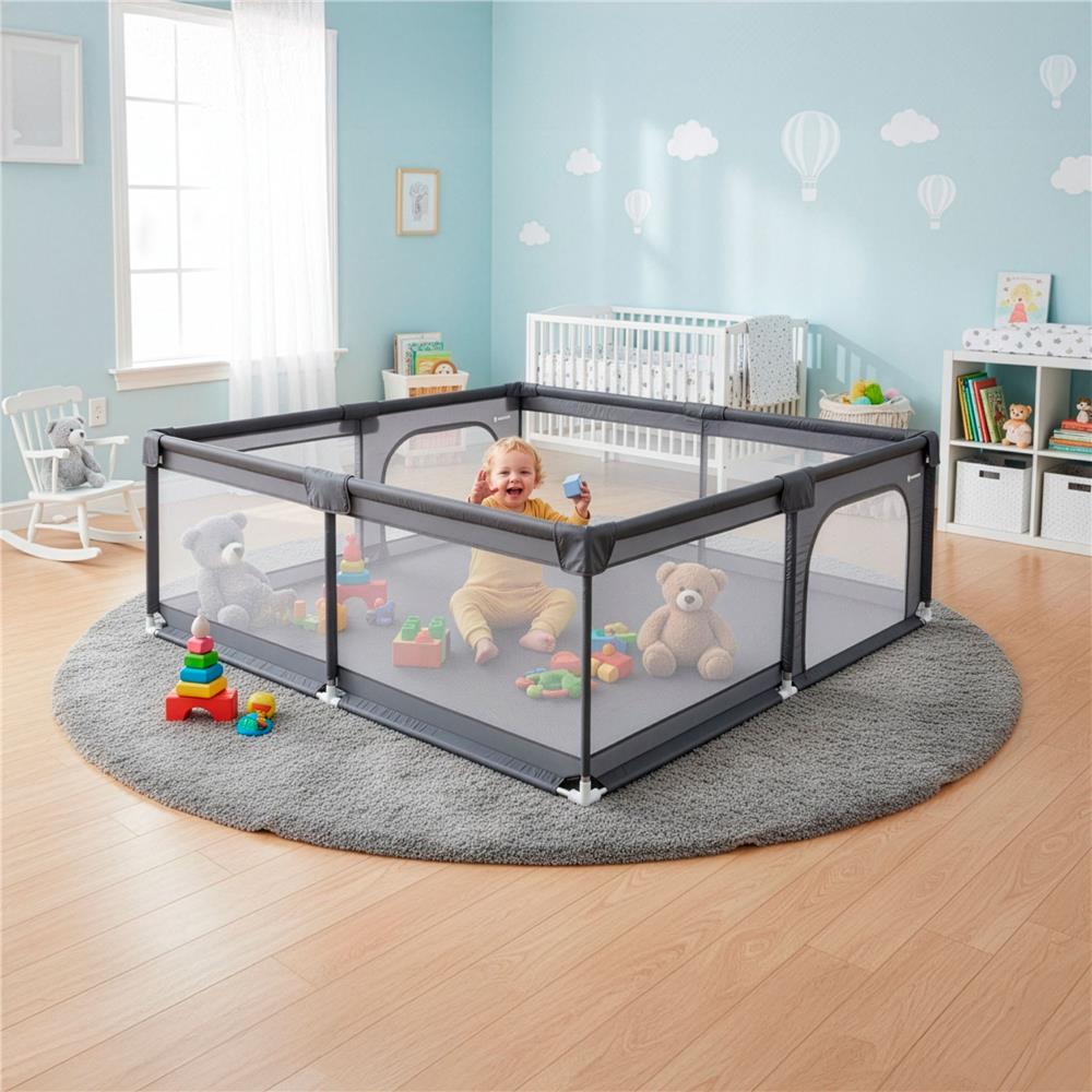 Tarc de joaca pliabil pentru copii, cu intrare cu fermoar, 200x180x66 cm, gri - imagine 7