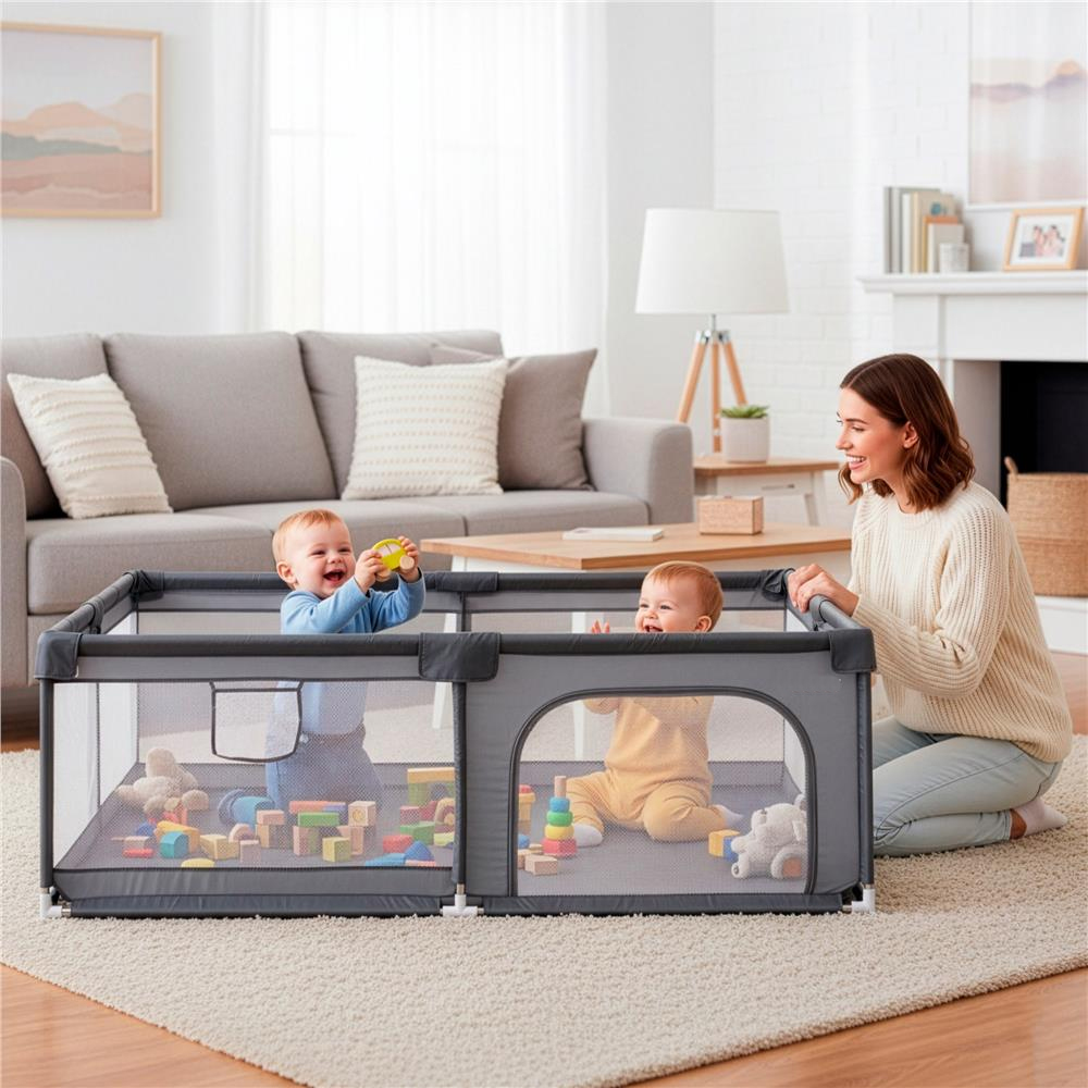 Tarc de joaca pliabil pentru copii, cu intrare cu fermoar, 200x180x66 cm, gri - imagine 6