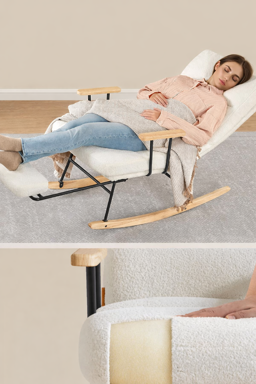 SONGMICS Fotoliu balansoar reglabil cu suport picioare reglabil, textil plusat, 85x75x105 cm, crem - imagine 3