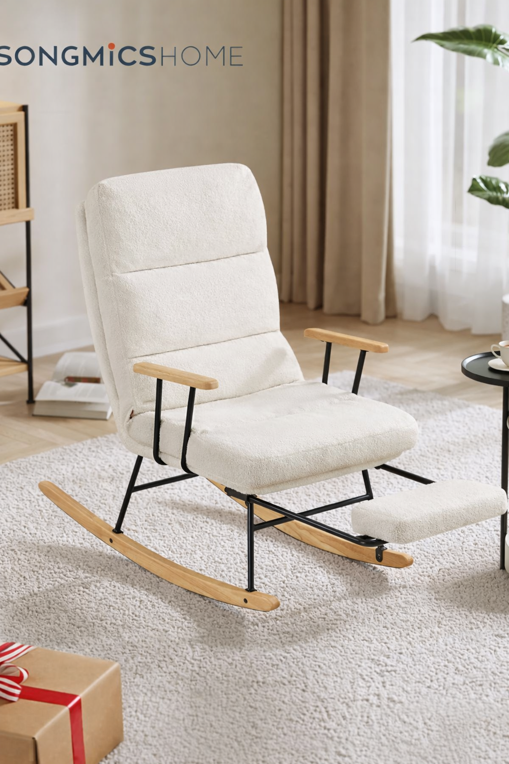 SONGMICS Fotoliu balansoar reglabil cu suport picioare reglabil, textil plusat, 85x75x105 cm, crem - imagine 5