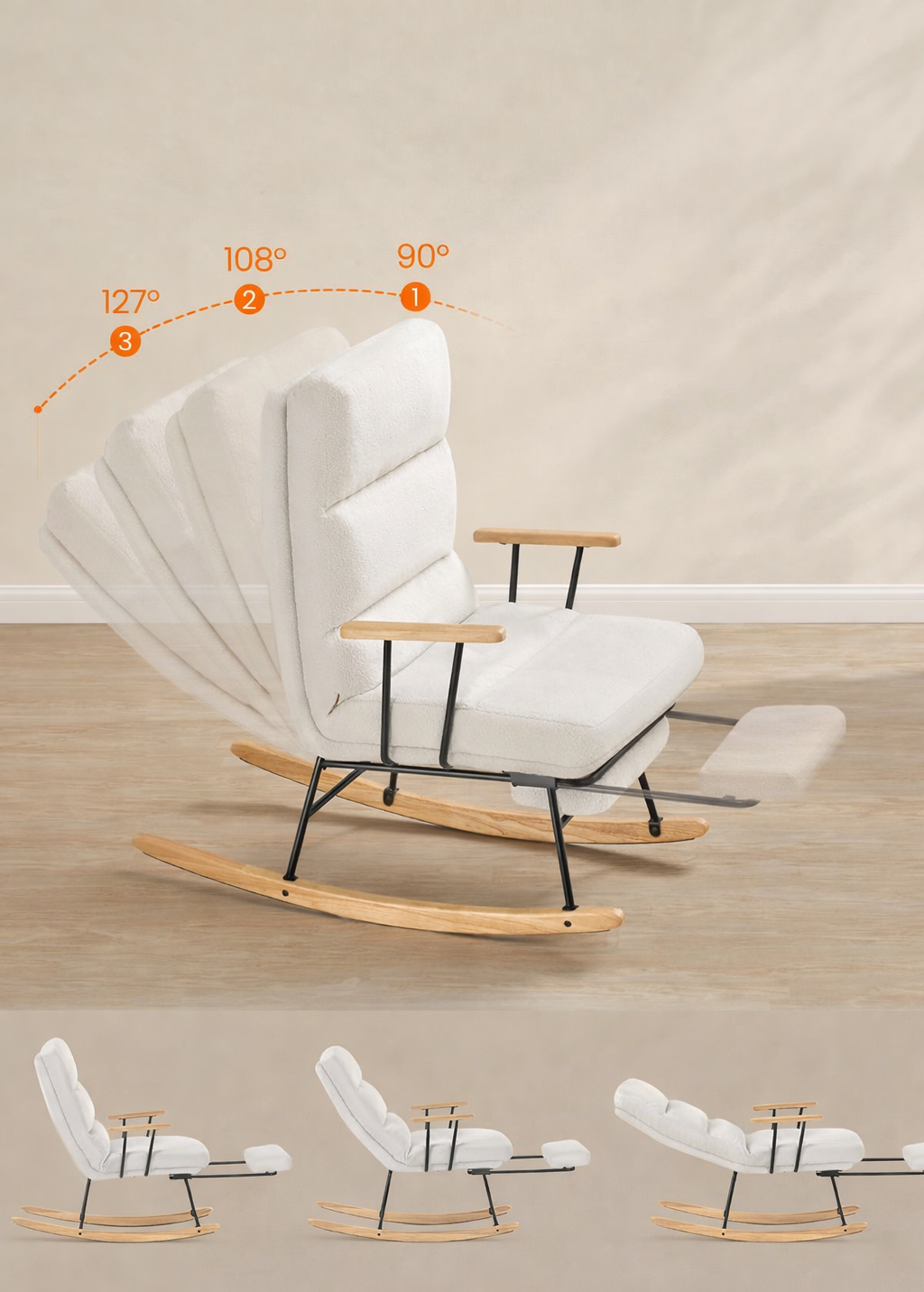 SONGMICS Fotoliu balansoar reglabil cu suport picioare reglabil, textil plusat, 85x75x105 cm, crem - imagine 6