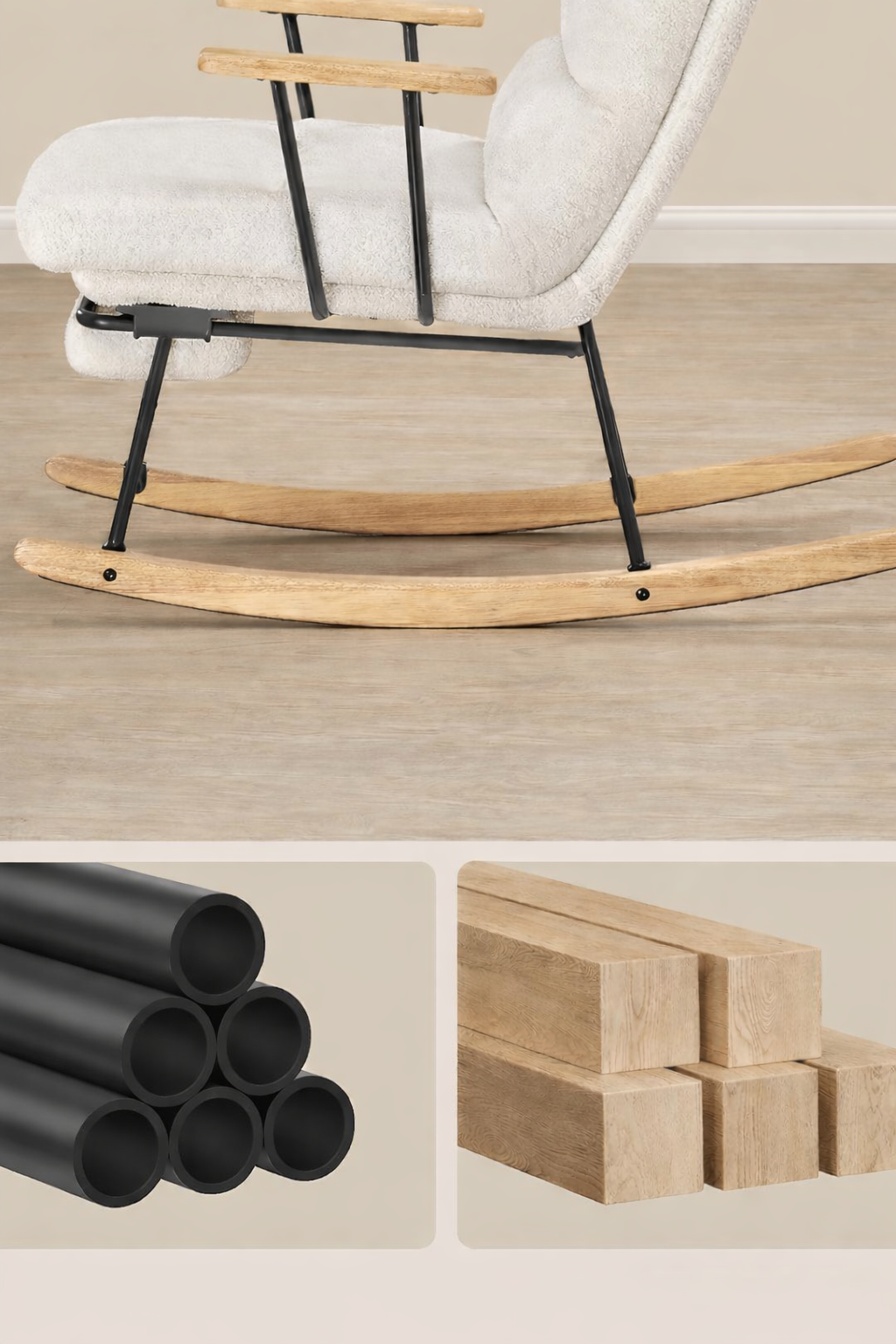 SONGMICS Fotoliu balansoar reglabil cu suport picioare reglabil, textil plusat, 85x75x105 cm, crem - imagine 7