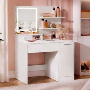 VASAGLE Masa de toaleta Kailyn cu oglinda LED si priza integrata, porturi USB, sertar, rafturi si dulap, PAL, 80x40x132 cm, alb