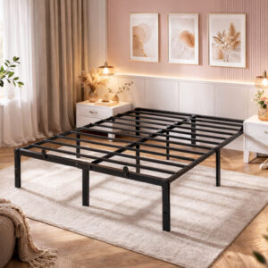 VASAGLE Cadru pat dublu 140x190 cm, structura metalica rezistenta 450 kg, cu spatiu de depozitare, negru