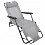 Sezlong pliabil, cadru metalic, reglabil in 3 pozitii pana la complet orizontal, cu tetiera, 153x60 cm, gri