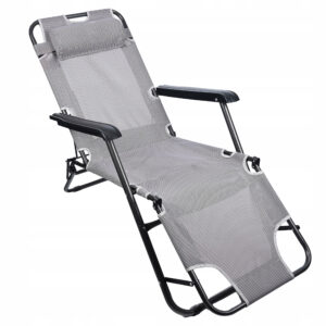Sezlong pliabil, cadru metalic, reglabil in 3 pozitii pana la complet orizontal, cu tetiera, 153x60 cm, gri