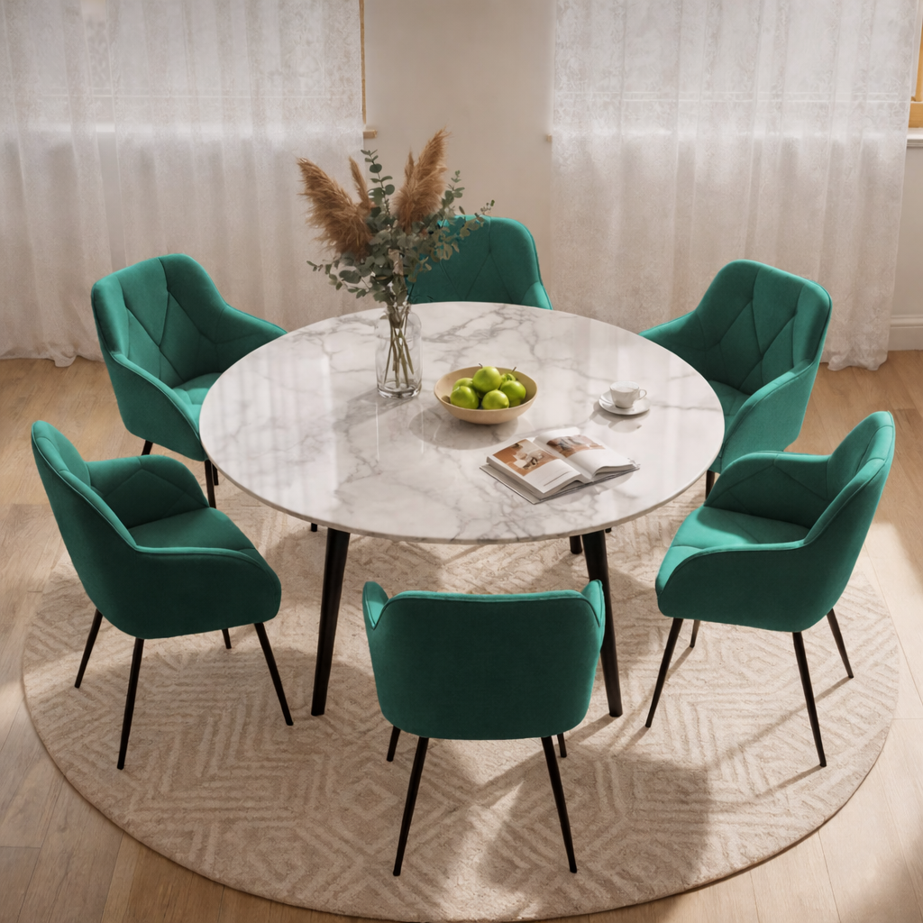 Set 6 scaune tapitate, Diamant, velur matlasat, 55x58x83 cm, verde smarald - imagine 2