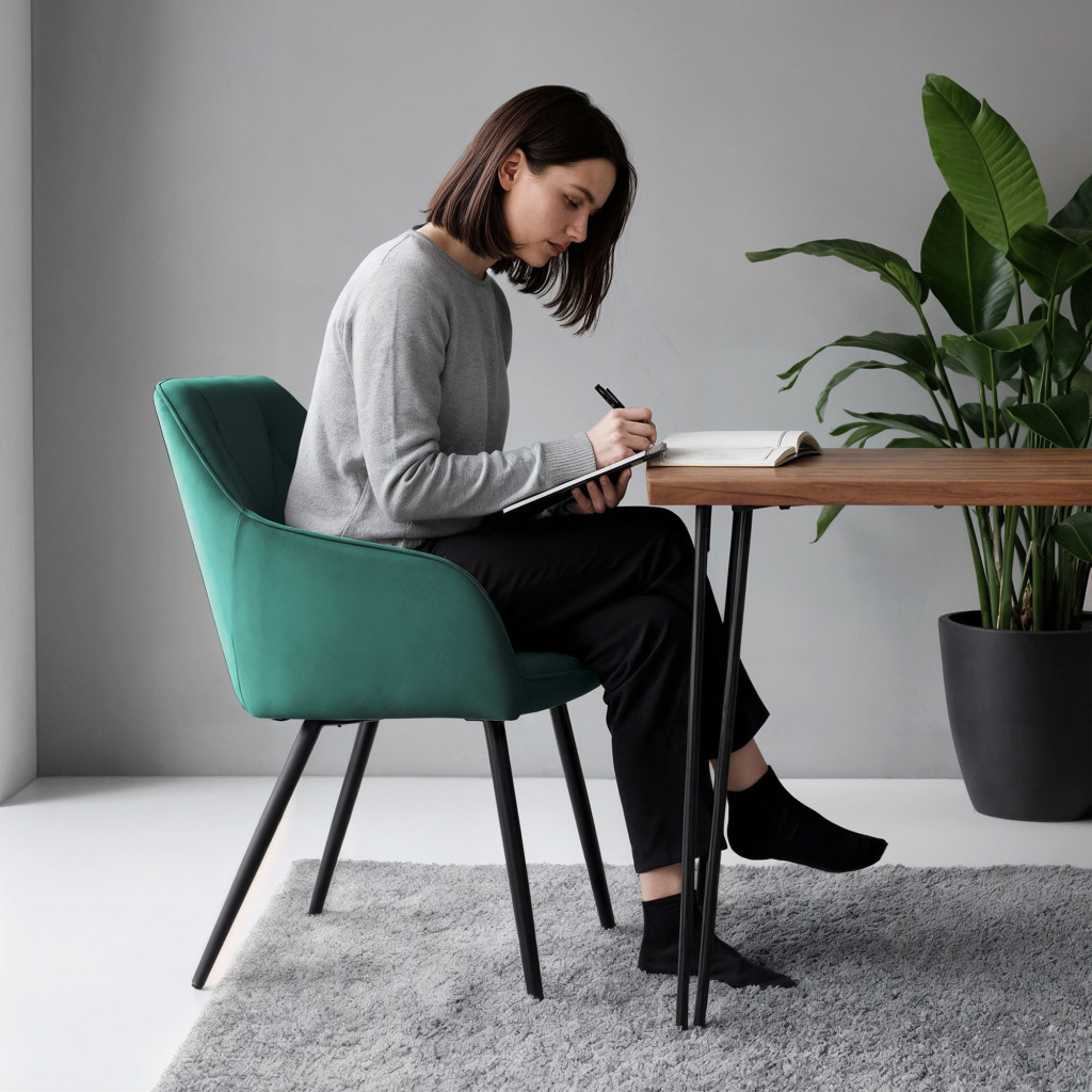 Set 6 scaune tapitate, Diamant, velur matlasat, 55x58x83 cm, verde smarald - imagine 6