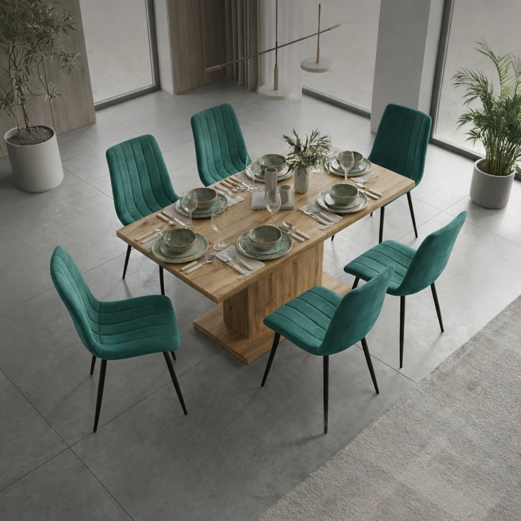 Set 6 scaune tapitate, Livo, velur matlasat, 46x44x87 cm, verde smarald - imagine 7