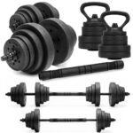 Set gantere, bara si kettlebell ajustabil 30 kg, 16 discuri, conector si suport dedicat, negru
