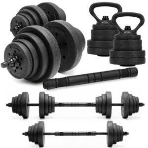 Set gantere, bara si kettlebell ajustabil 30 kg, 16 discuri, conector si suport dedicat, negru