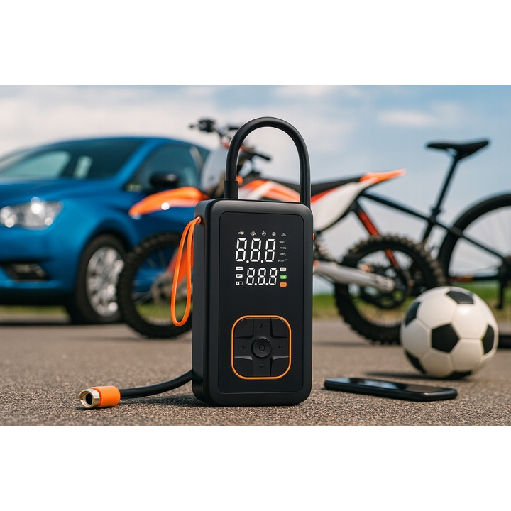 Compresor anvelope portabil auto 12V, acumulator 3600 mAh, cu manometru, display LED si functie powerbank, reincarcare USB - imagine 2