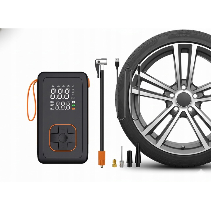 Compresor anvelope portabil auto 12V, acumulator 3600 mAh, cu manometru, display LED si functie powerbank, reincarcare USB - imagine 3