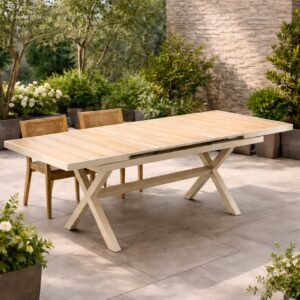 Masa gradina extensibila 180-240 cm din aluminiu cu blat aspect lemn, 180-240x90x76 cm, bej
