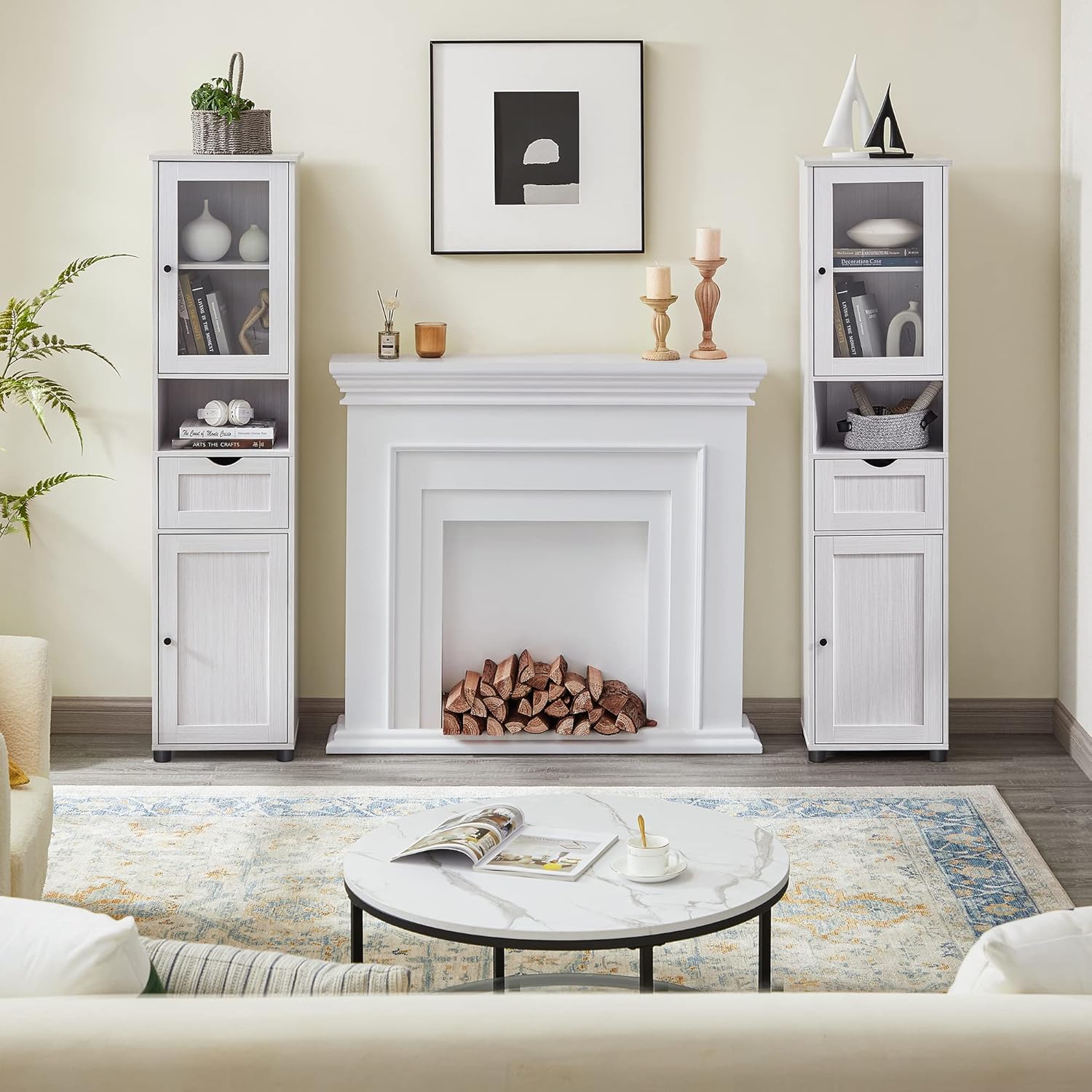 VASAGLE Dulap baie inalt cu usa din sticla si raft deschis, 30x40x165 cm, alb - imagine 5