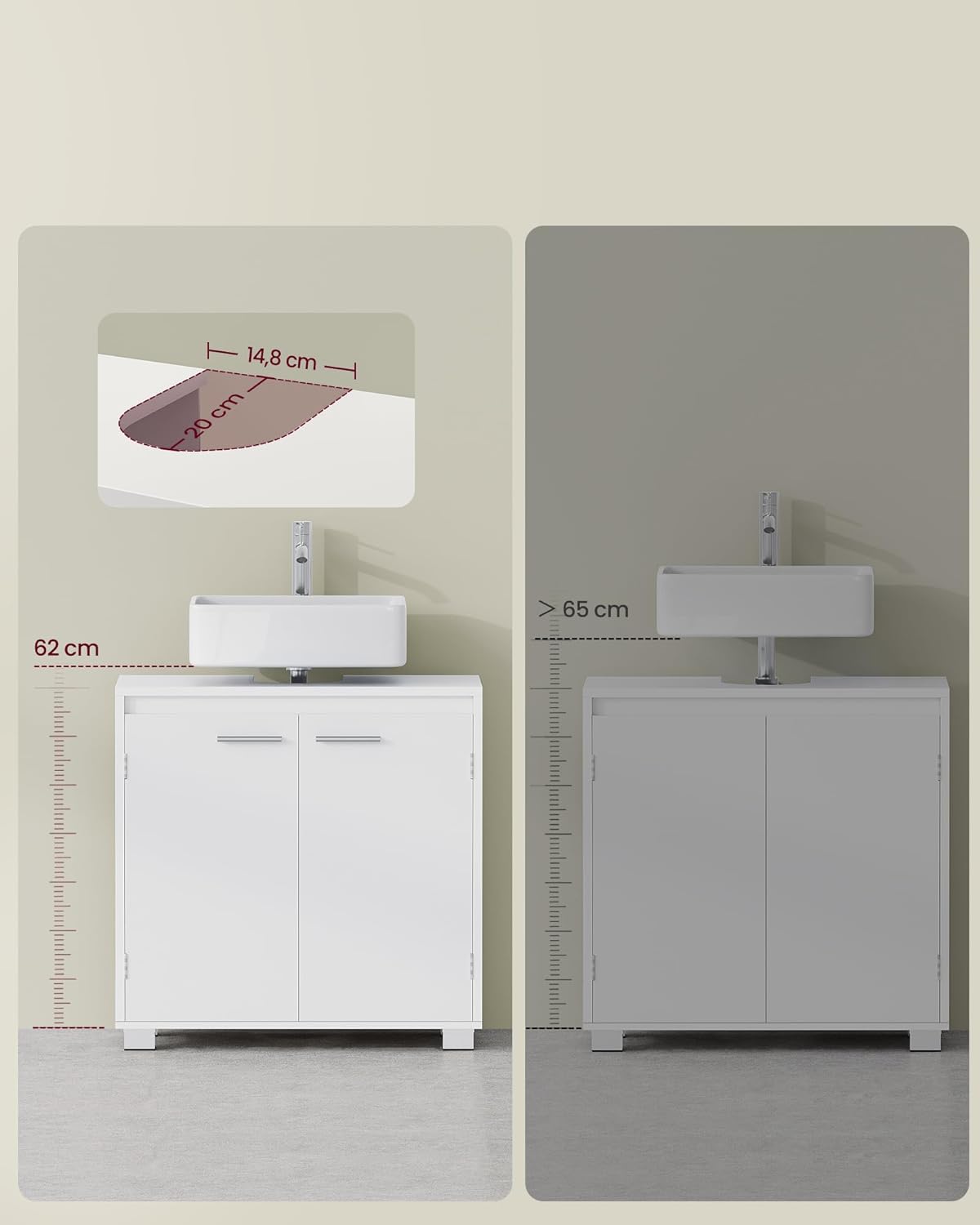 VASAGLE Dulap baie pentru suport lavoar, MDF, 2 compartimente, raft interior reglabil, 30x60x60 cm, alb - imagine 3