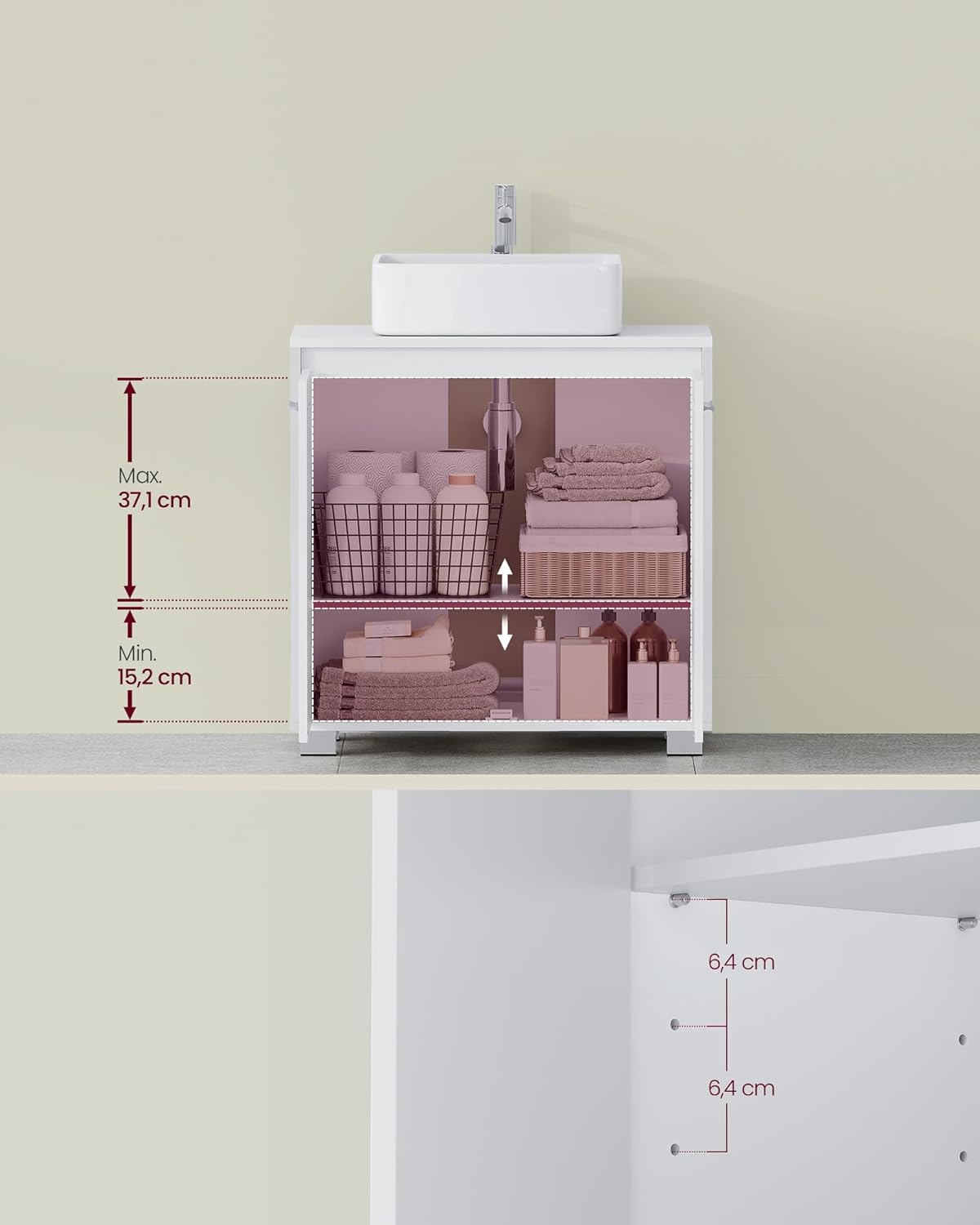 VASAGLE Dulap baie pentru suport lavoar, MDF, 2 compartimente, raft interior reglabil, 30x60x60 cm, alb - imagine 6