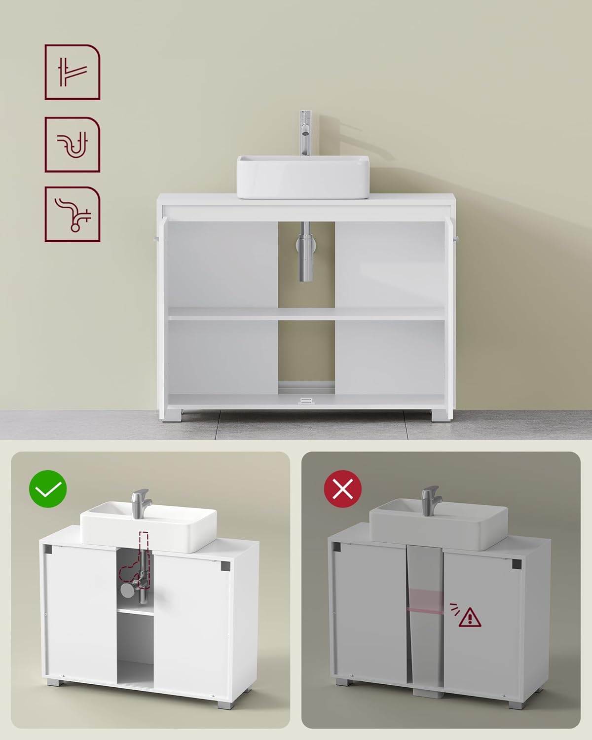 VASAGLE Dulap baie pentru suport lavoar, MDF, 2 compartimente, raft interior reglabil, 30x60x60 cm, alb - imagine 8