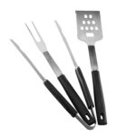 Set 3 ustensile pentru gratar din inox cu maner din lemn, spatula, cleste si furculita
