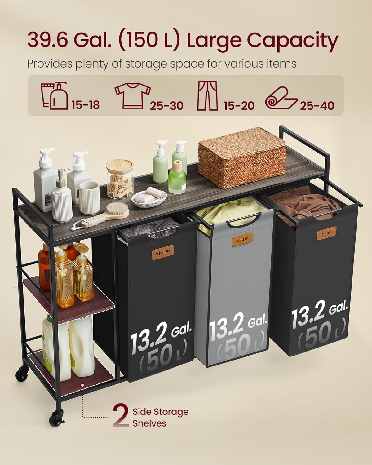 VASAGLE Cos de rufe cu rafturi si roti, 3 compartimente cu saci de rufe detasabili, 3x50 litri, 117x33x81 cm, maro si negru - imagine 2