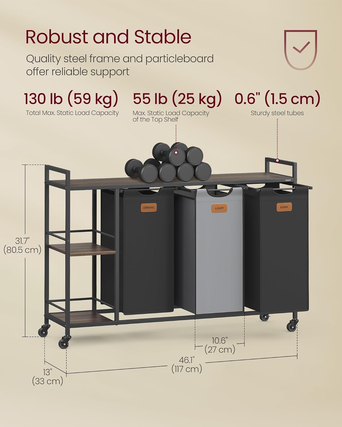 VASAGLE Cos de rufe cu rafturi si roti, 3 compartimente cu saci de rufe detasabili, 3x50 litri, 117x33x81 cm, maro si negru - imagine 3