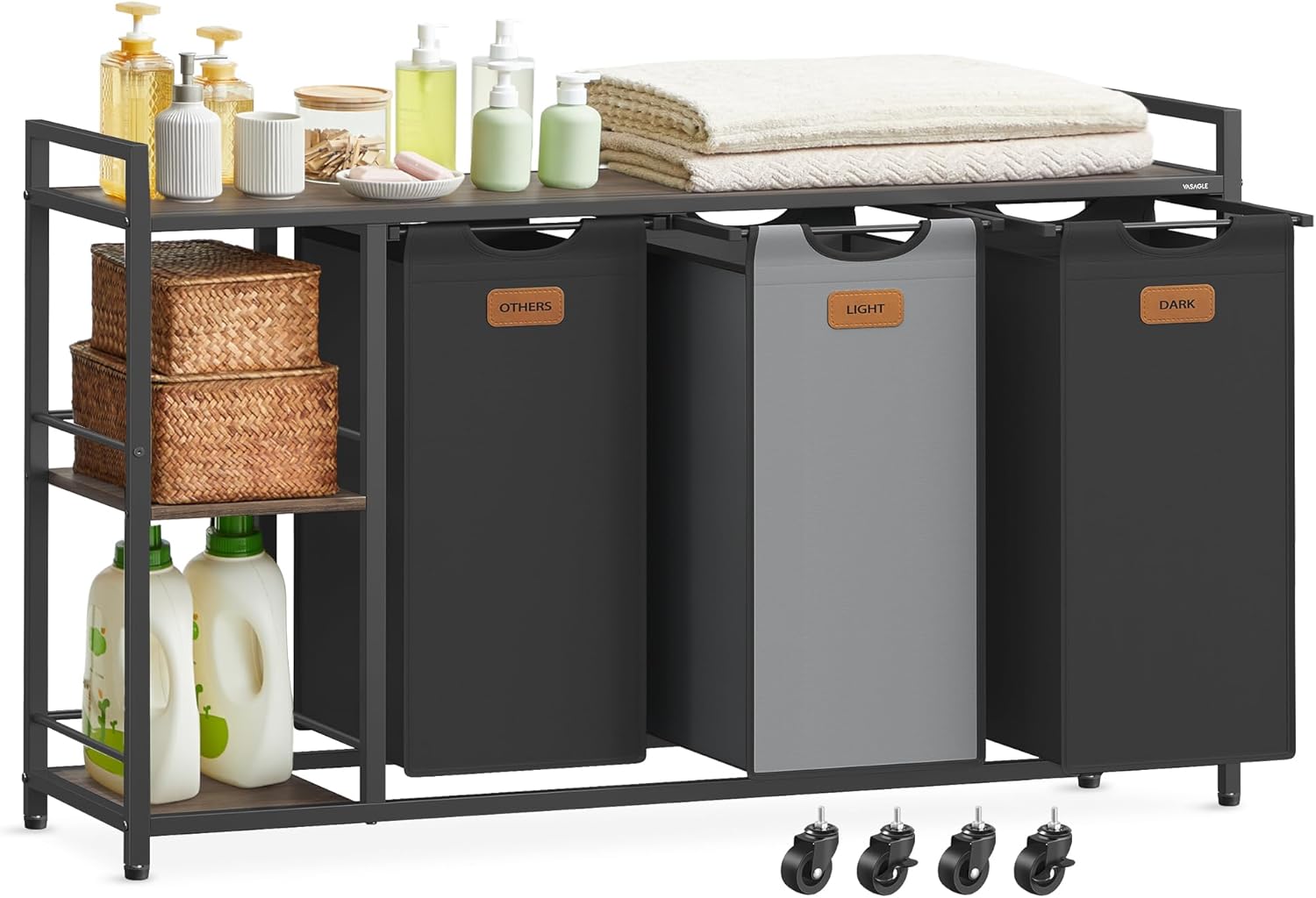 VASAGLE Cos de rufe cu rafturi si roti, 3 compartimente cu saci de rufe detasabili, 3x50 litri, 117x33x81 cm, maro si negru - imagine 4
