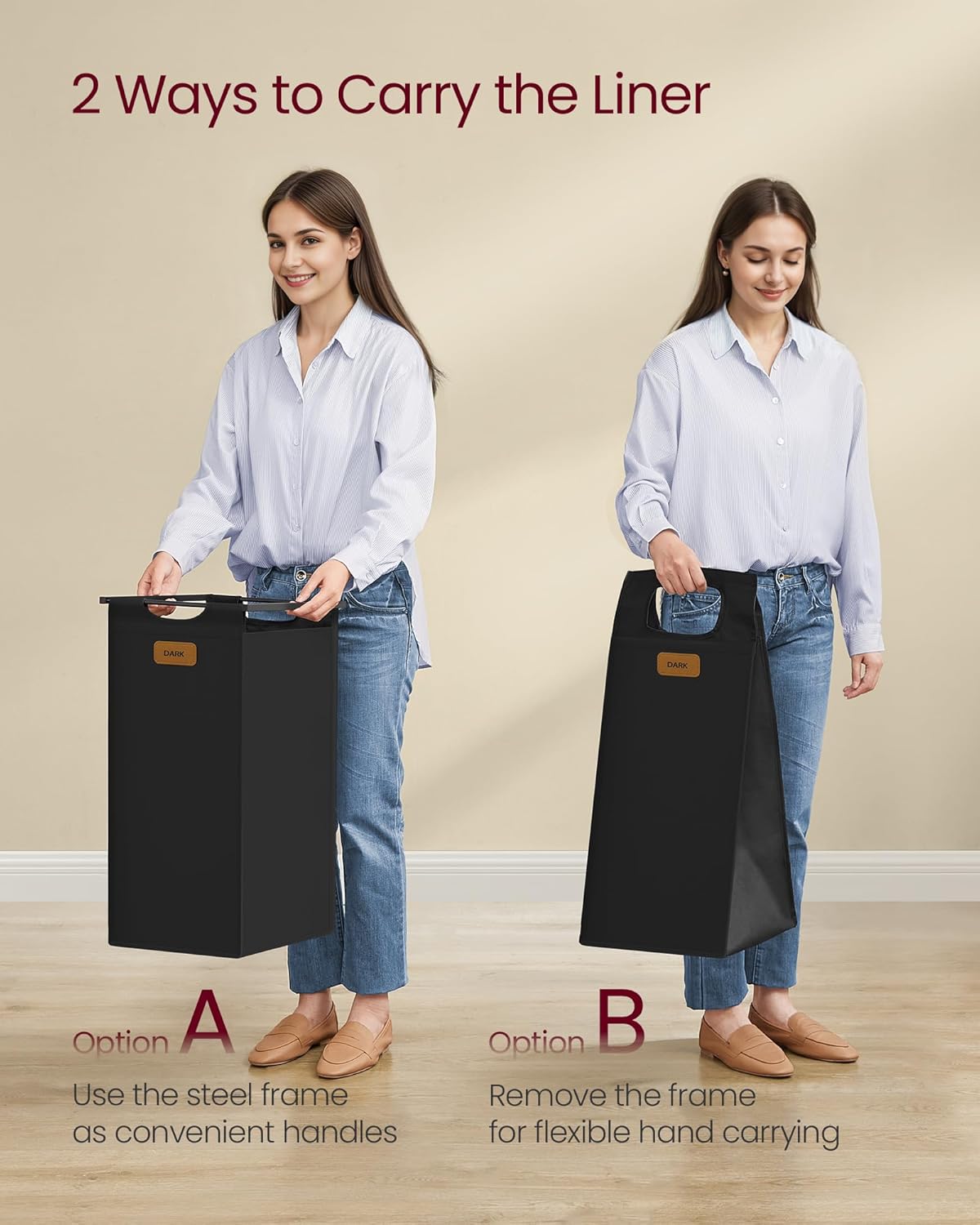 VASAGLE Cos de rufe cu rafturi si roti, 3 compartimente cu saci de rufe detasabili, 3x50 litri, 117x33x81 cm, maro si negru - imagine 5