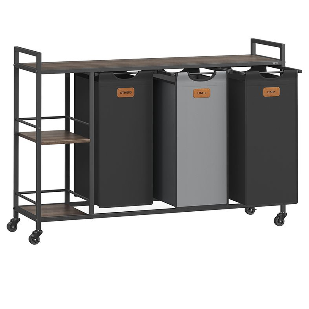 VASAGLE Cos de rufe cu rafturi si roti, 3 compartimente cu saci de rufe detasabili, 3x50 litri, 117x33x81 cm, maro si negru