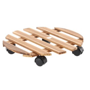 Suport rotund pentru ghiveci din lemn cu roti, 30 cm, maro natural