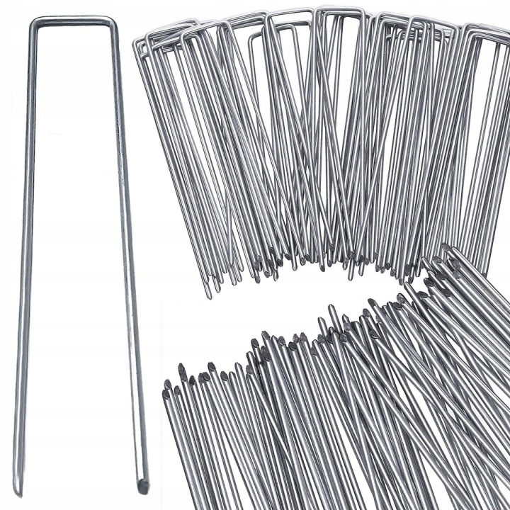 Set 100 de ancore metalice tip U pentru fixare panza anti-buruieni, 15x3 cm, argintiu