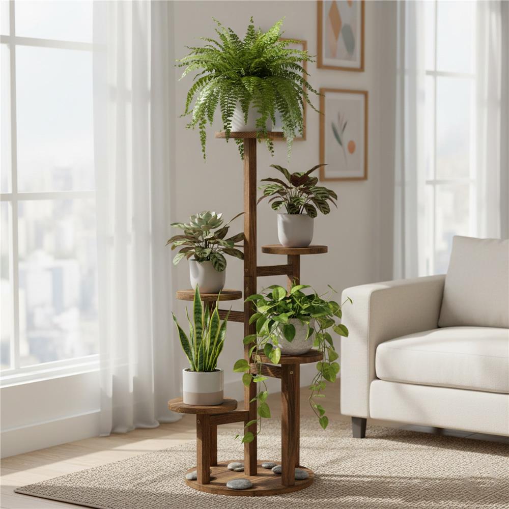 Suport pentru flori, din lemn si MDF, 6 niveluri pentru ghivece, 48x48x87 cm, maro - imagine 13