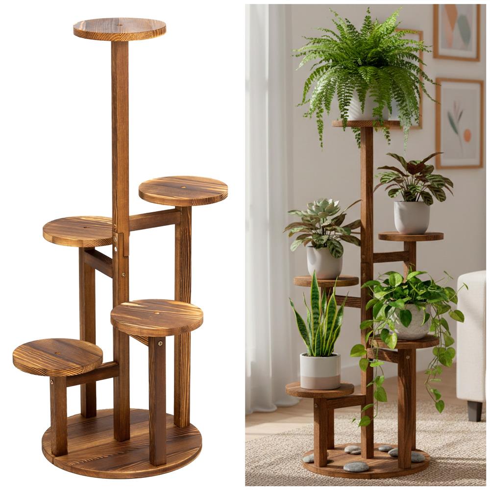 Suport pentru flori, din lemn si MDF, 6 niveluri pentru ghivece, 48x48x87 cm, maro - imagine 3