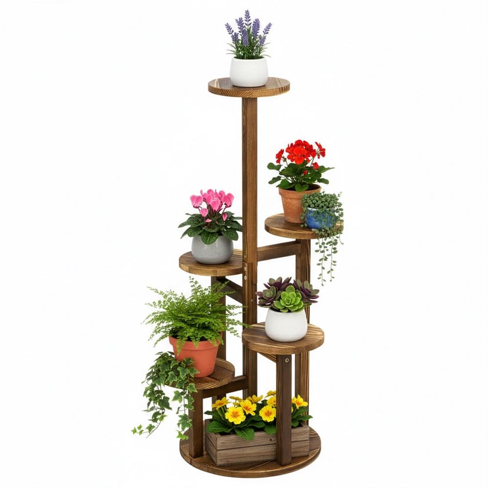 Suport pentru flori, din lemn si MDF, 6 niveluri pentru ghivece, 48x48x87 cm, maro - imagine 5