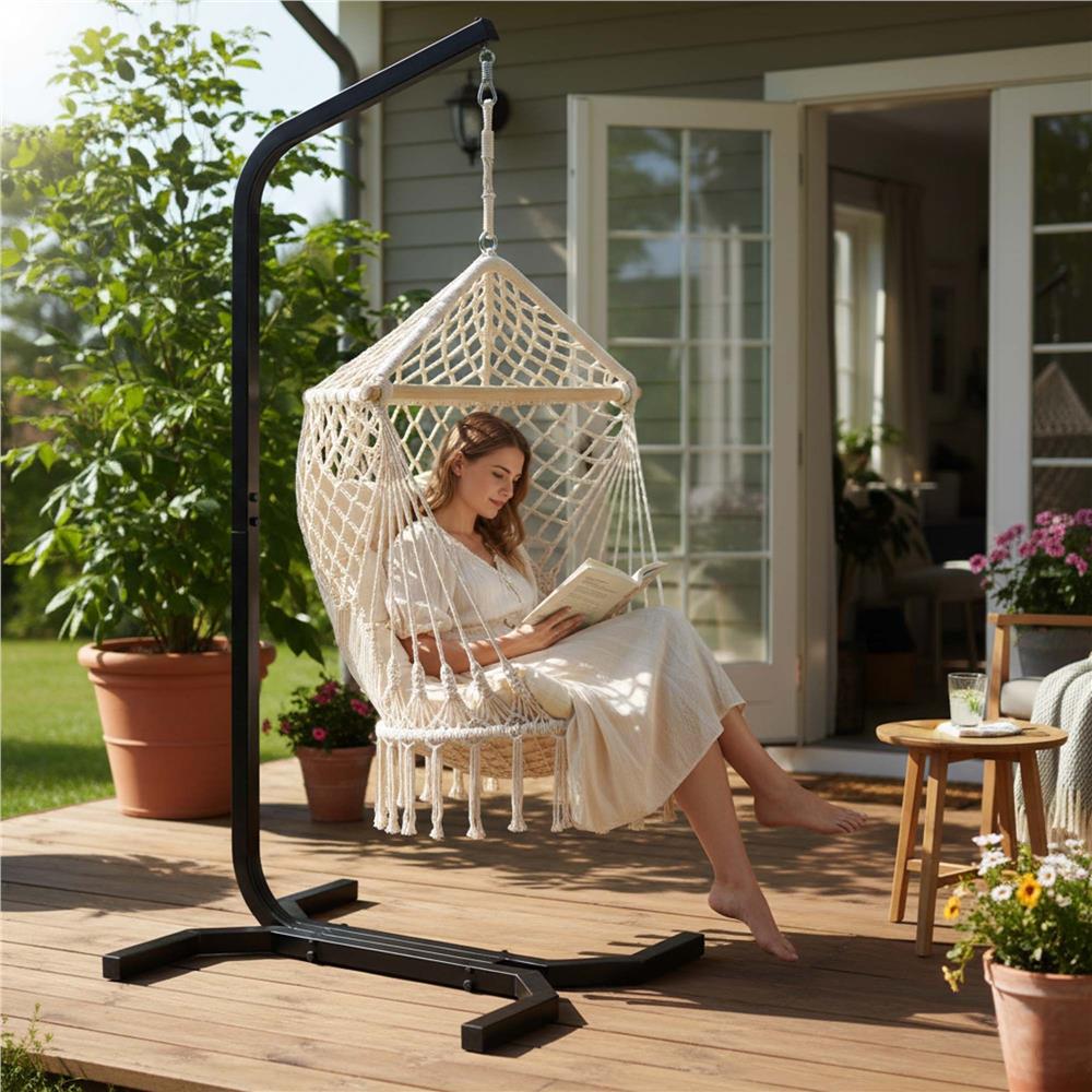 Suport leagan tip cuib sau hamac suspendat, cadru otel, maxim 180 kg, 92x92x205 cm, negru - imagine 8