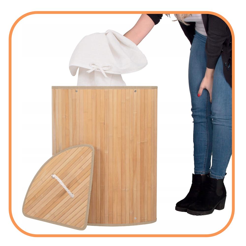 Cos de rufe triunghiular pentru colt cu capac, bambus si sac textil detasabil, 60 litri, 55x35x60 cm, maro natur - imagine 3