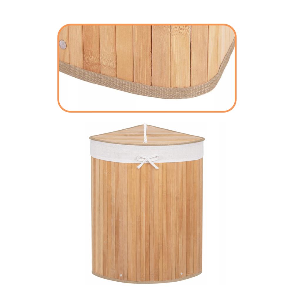 Cos de rufe triunghiular pentru colt cu capac, bambus si sac textil detasabil, 60 litri, 55x35x60 cm, maro natur - imagine 4