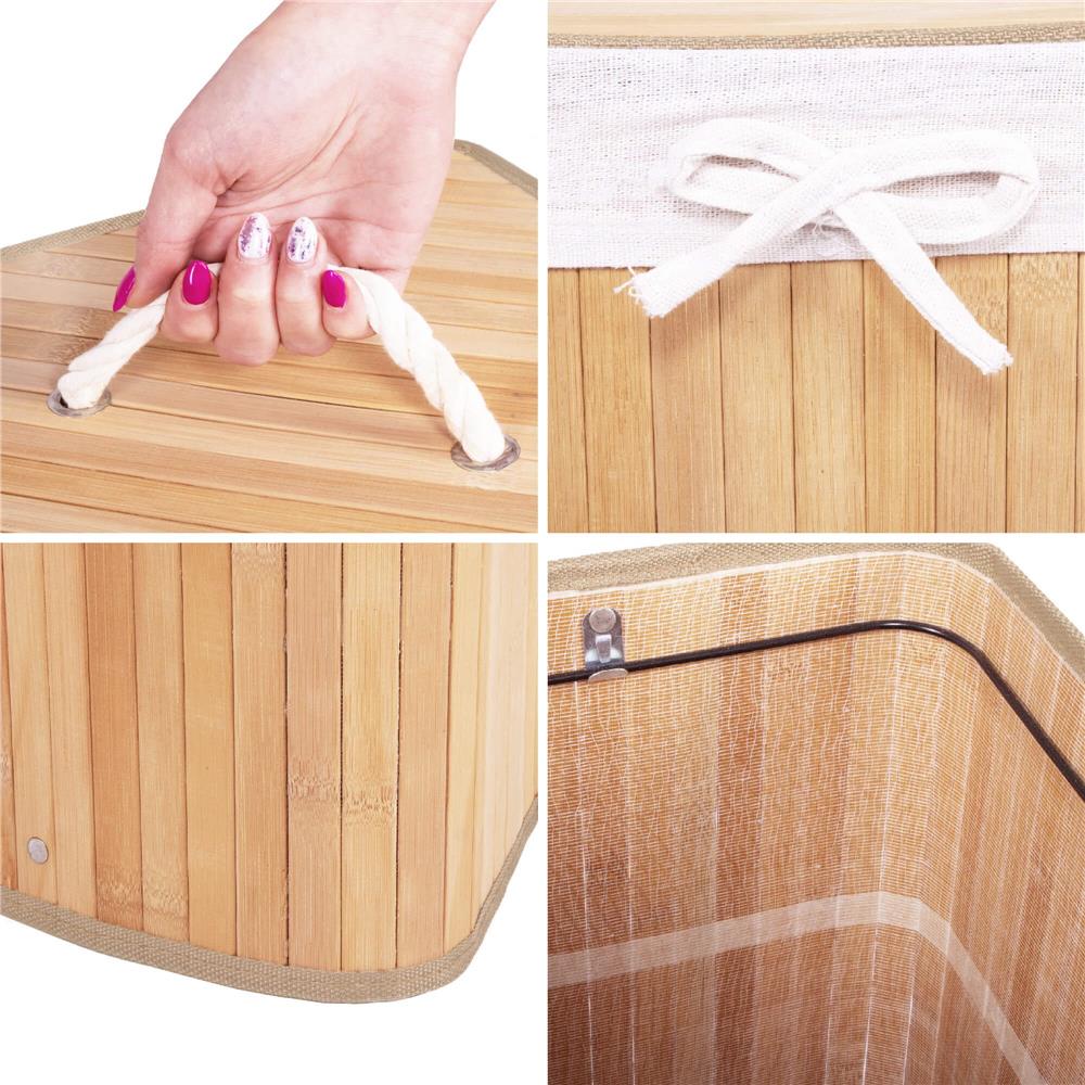 Cos de rufe triunghiular pentru colt cu capac, bambus si sac textil detasabil, 60 litri, 55x35x60 cm, maro natur - imagine 7