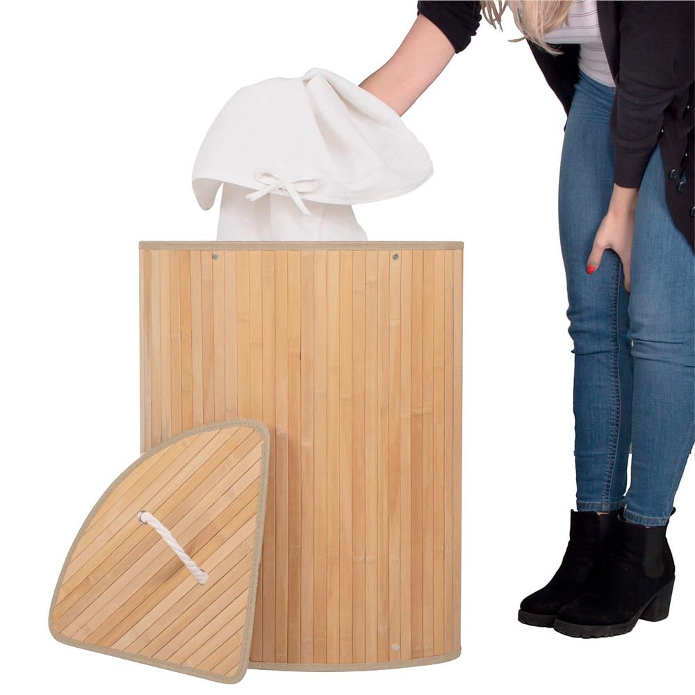 Cos de rufe triunghiular pentru colt cu capac, bambus si sac textil detasabil, 60 litri, 55x35x60 cm, maro natur - imagine 8