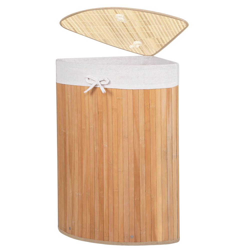 Cos de rufe triunghiular pentru colt cu capac, bambus si sac textil detasabil, 60 litri, 55x35x60 cm, maro natur - imagine 10