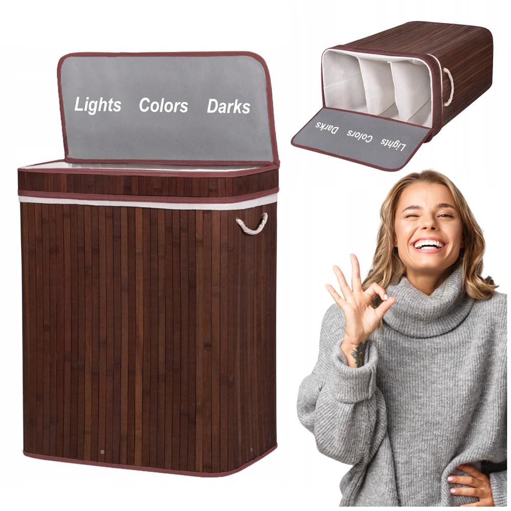 Cos de rufe cu capac si 3 compartimente, sac textil detasabil, 100 litri, 51x32x63 cm, maro - imagine 3