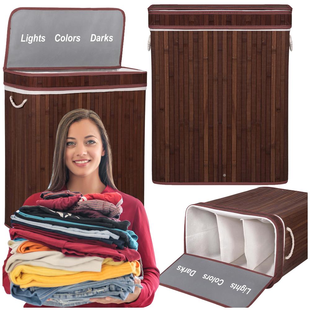 Cos de rufe cu capac si 3 compartimente, sac textil detasabil, 100 litri, 51x32x63 cm, maro - imagine 8