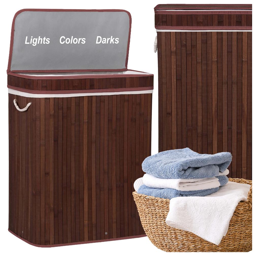 Cos de rufe cu capac si 3 compartimente, sac textil detasabil, 100 litri, 51x32x63 cm, maro - imagine 9